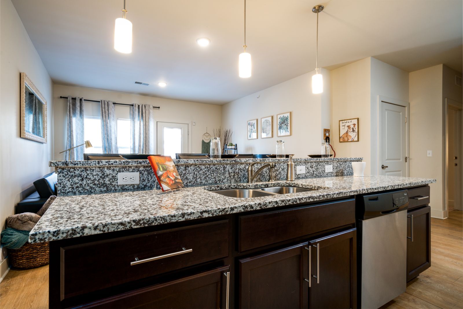granite topped kitchen peninsula and sink